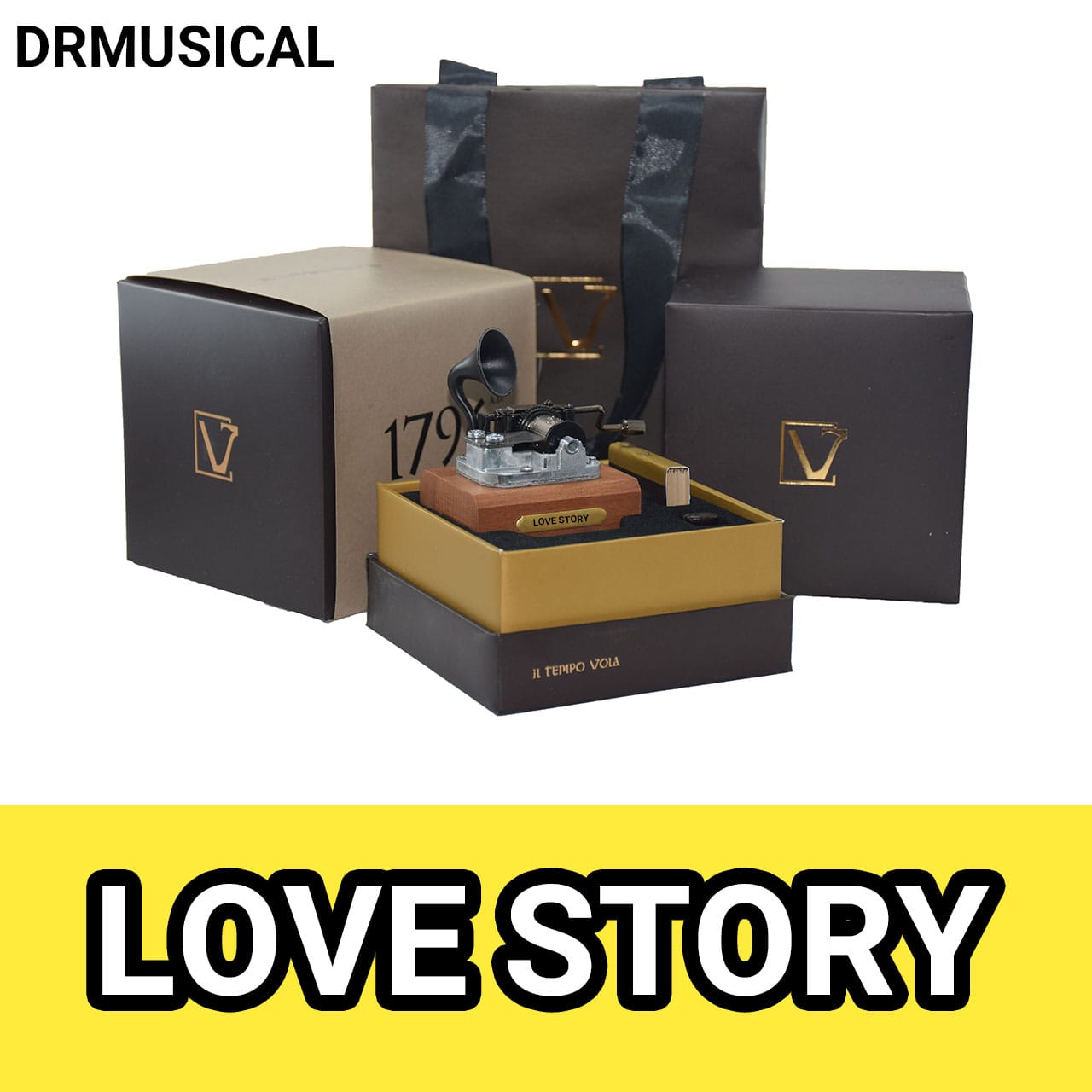 خرید جعبه موزیکال love story برند ایل تمپو ولا IL TEMPO VOLA مدل هندلی طرح گرامافونی