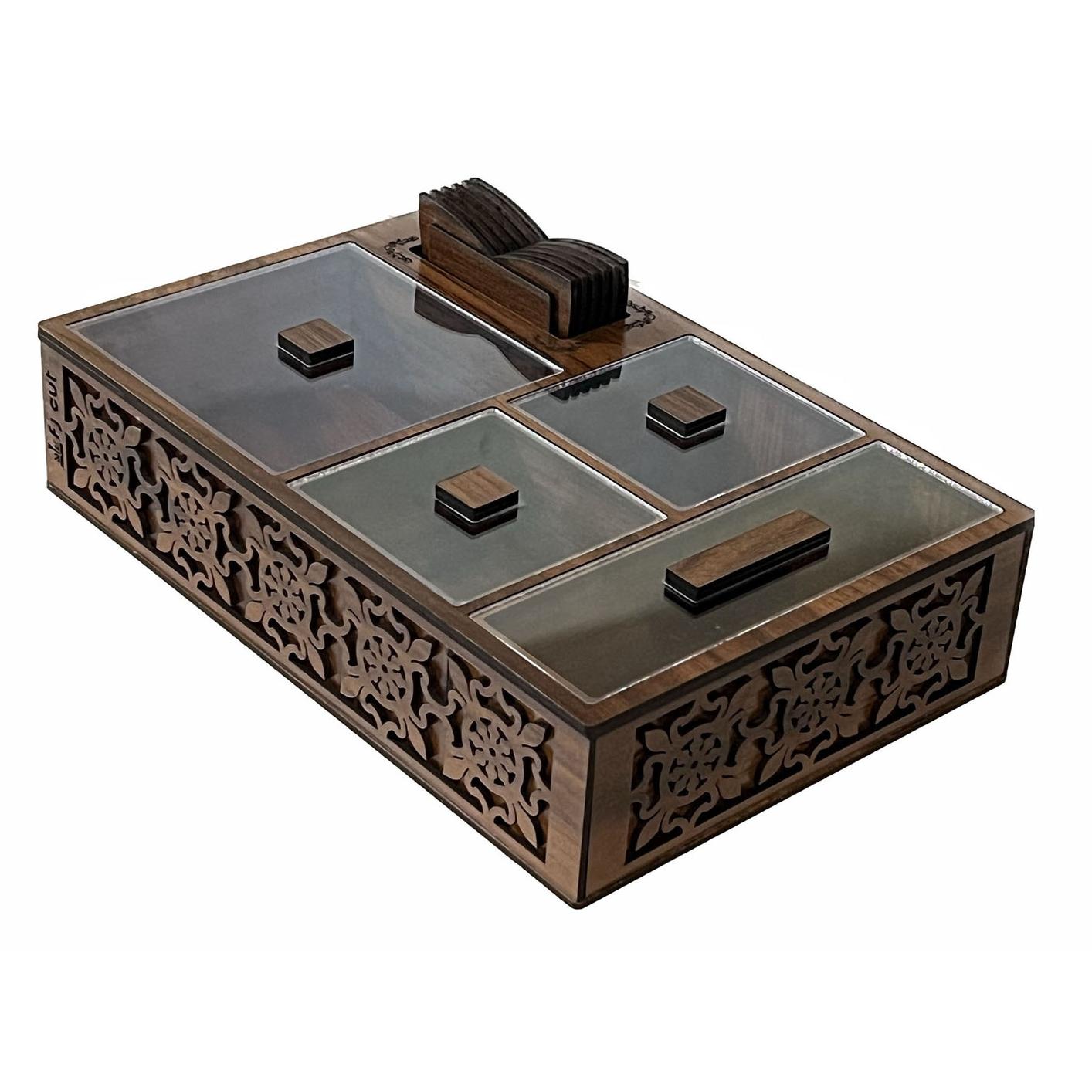 جعبه دمنوش و تنقلات چوبی به همراه زیر لیوانی طرح گل - خرید بی واسطه